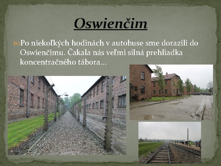 Oswienčim Po niekoľkých hodinách v autobuse sme dorazili do Oswienčimu. Čakala nás veľmi silná