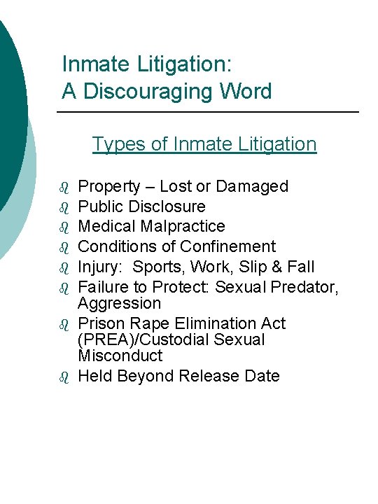 Inmate Litigation: A Discouraging Word Types of Inmate Litigation b b b b Property