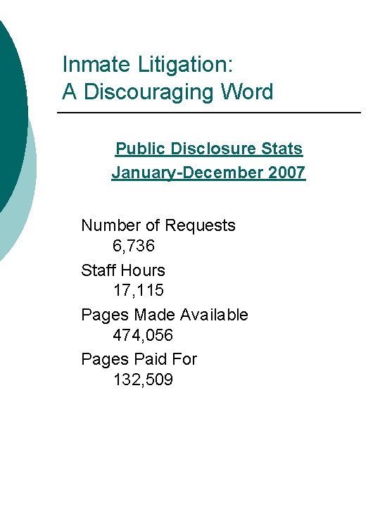 Inmate Litigation: A Discouraging Word Public Disclosure Stats January-December 2007 Number of Requests 6,