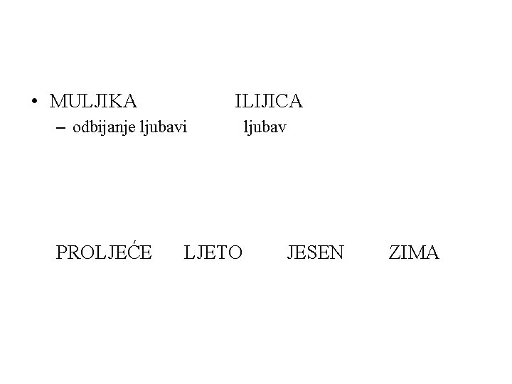  • MULJIKA ILIJICA – odbijanje ljubavi PROLJEĆE LJETO ljubav JESEN ZIMA 