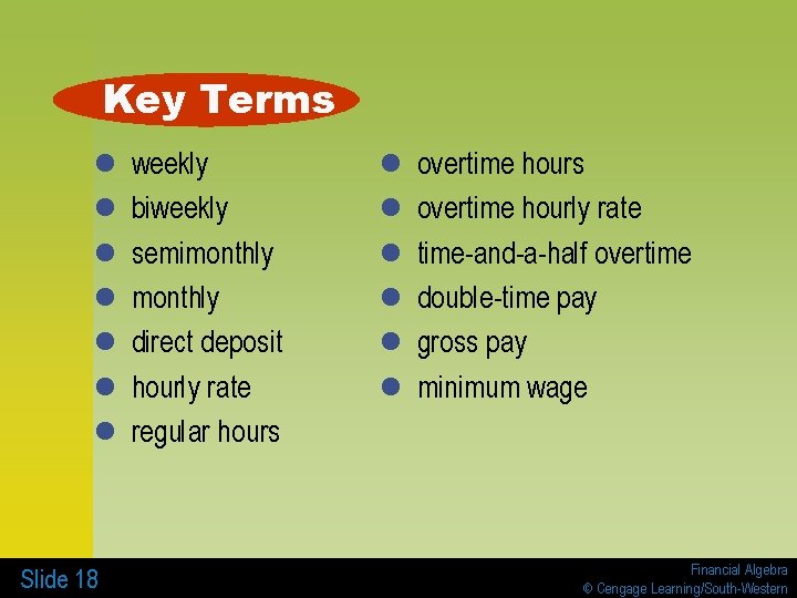 Key Terms l l l l Slide 18 weekly biweekly semimonthly direct deposit hourly