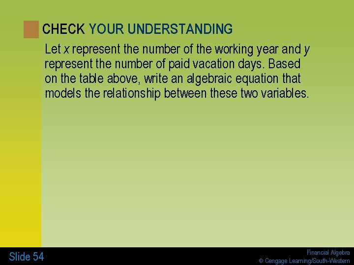 CHECK YOUR UNDERSTANDING Let x represent the number of the working year and y