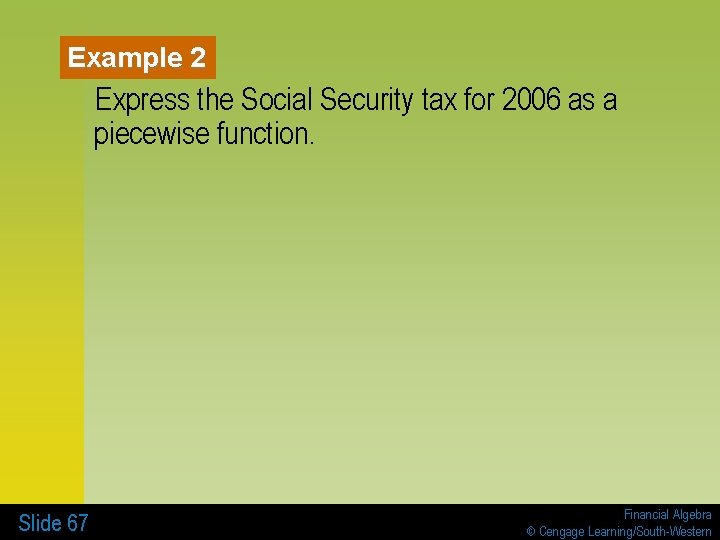 Example 2 Express the Social Security tax for 2006 as a piecewise function. Slide