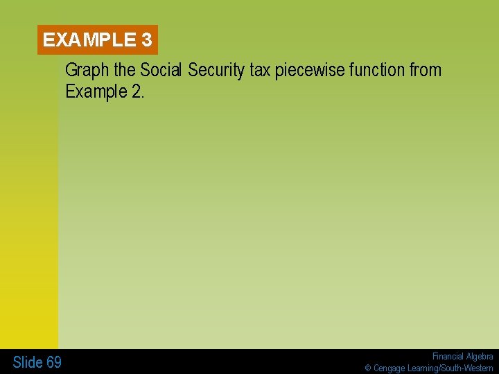 EXAMPLE 3 Graph the Social Security tax piecewise function from Example 2. Slide 69