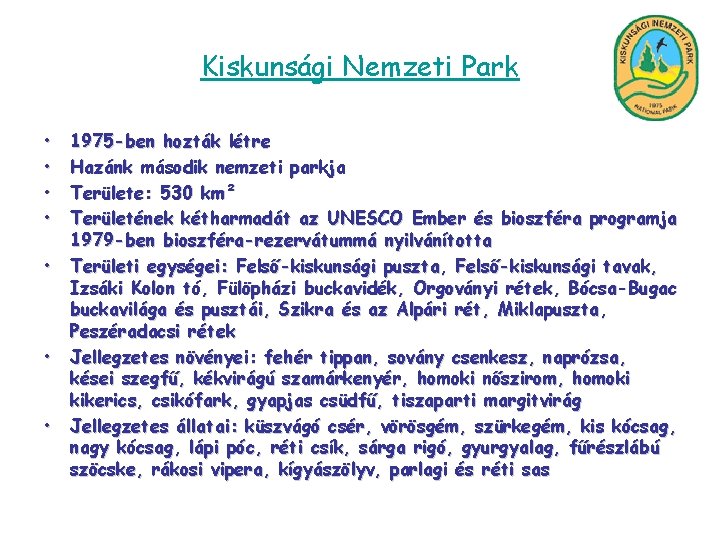 Kiskunsági Nemzeti Park • • 1975 -ben hozták létre Hazánk második nemzeti parkja Területe: