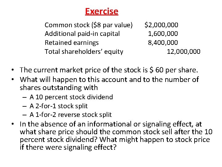 Exercise Common stock ($8 par value) Additional paid-in capital Retained earnings Total shareholders’ equity