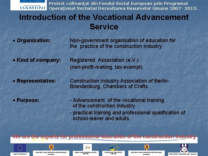 Proiect cofinanţat din Fondul Social European prin Programul Operaţional Sectorial Dezvoltarea Resurselor Umane 2007