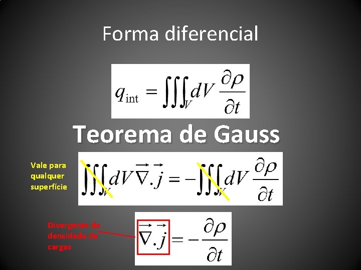 Forma diferencial Teorema de Gauss Vale para qualquer superfície Divergente da densidade de cargas