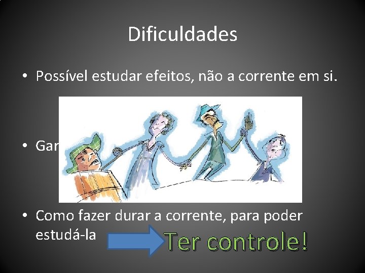 Dificuldades • Possível estudar efeitos, não a corrente em si. • Garrafa de Leyden