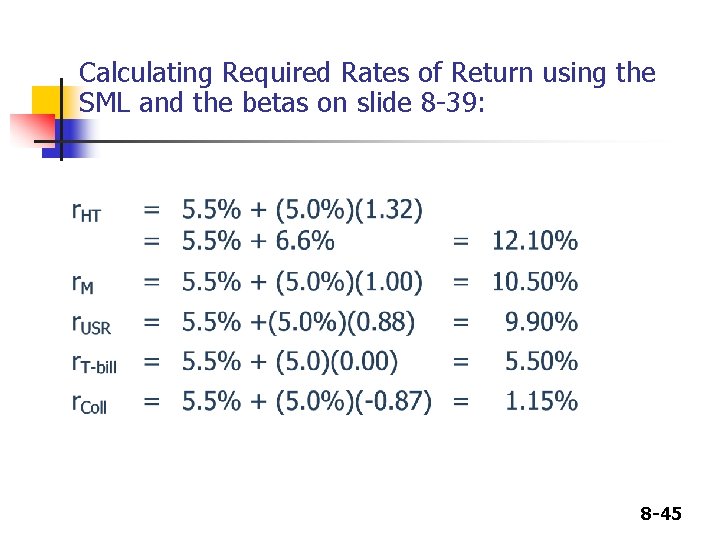 Calculating Required Rates of Return using the SML and the betas on slide 8 Calculating Required Rates of Return using the SML and the betas on slide 8