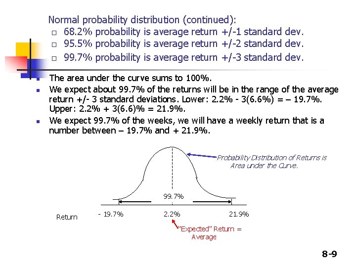 Normal probability distribution (continued): □ 68. 2% probability is average return +/-1 standard dev. Normal probability distribution (continued): □ 68. 2% probability is average return +/-1 standard dev.