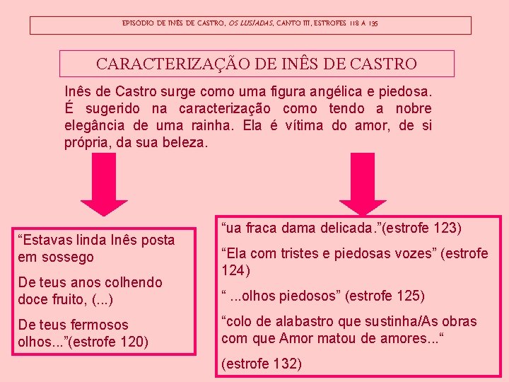 EPISÓDIO DE INÊS DE CASTRO, OS LUSÍADAS, CANTO III, ESTROFES 118 A 135 CARACTERIZAÇÃO