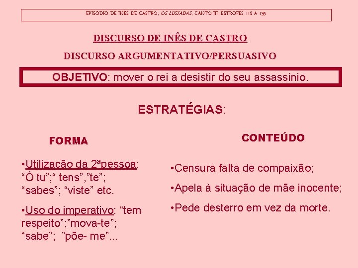 EPISÓDIO DE INÊS DE CASTRO, OS LUSÍADAS, CANTO III, ESTROFES 118 A 135 DISCURSO