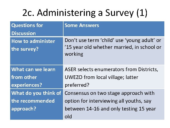 2 c. Administering a Survey (1) Questions for Discussion How to administer the survey?