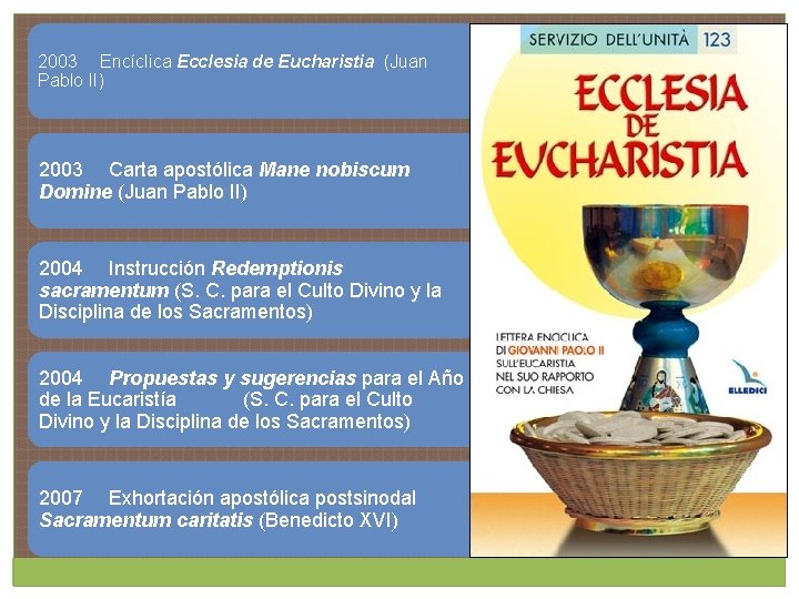 2003 Encíclica Ecclesia de Eucharistia (Juan Pablo II) 2003 Carta apostólica Mane nobiscum Domine