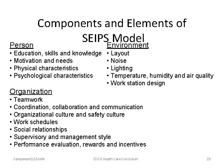 Person Components and Elements of SEIPSEnvironment Model • Education, skills and knowledge • Motivation