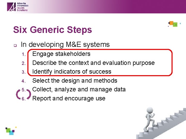 Six Generic Steps q In developing M&E systems 1. 2. 3. 4. 5. 6.