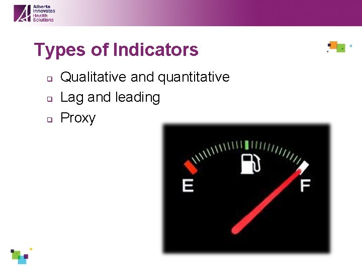 Types of Indicators q q q Qualitative and quantitative Lag and leading Proxy 