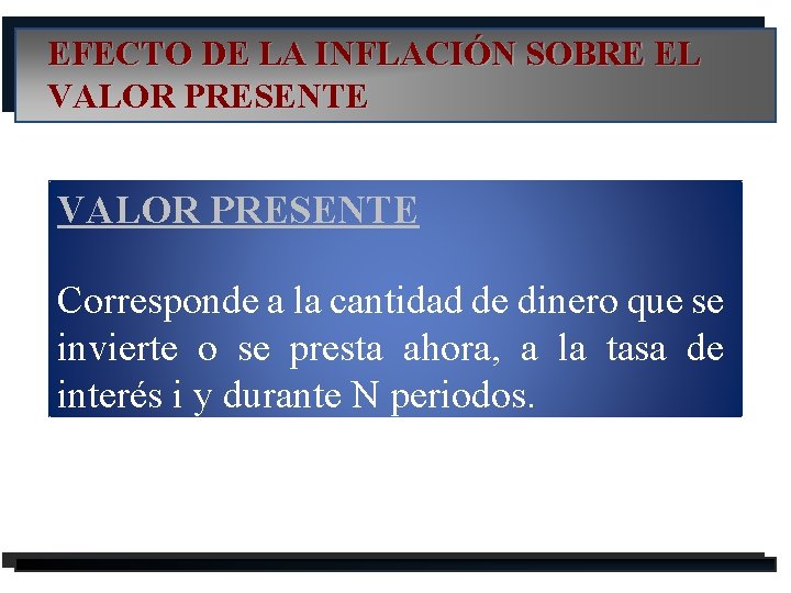 EFECTO DE LA INFLACIÓN SOBRE EL VALOR PRESENTE Corresponde a la cantidad de dinero