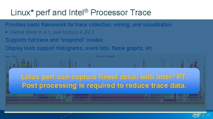 Linux* perf and Intel® Processor Trace Provides basic framework for trace collection, mining, and