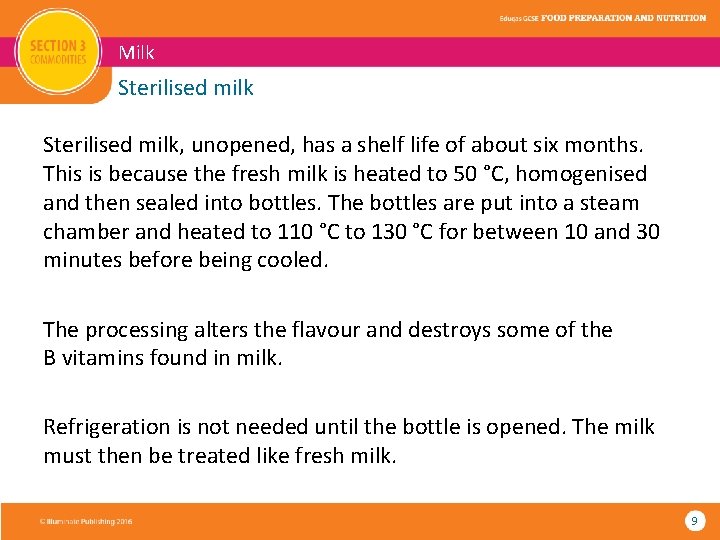 Milk Sterilised milk, unopened, has a shelf life of about six months. This is