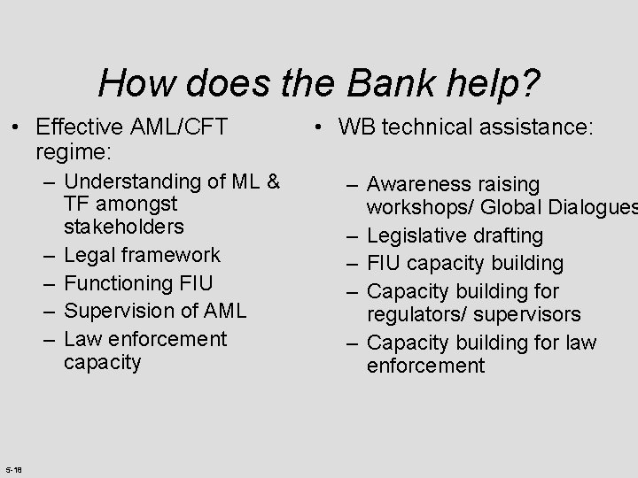 How does the Bank help? • Effective AML/CFT regime: – Understanding of ML &