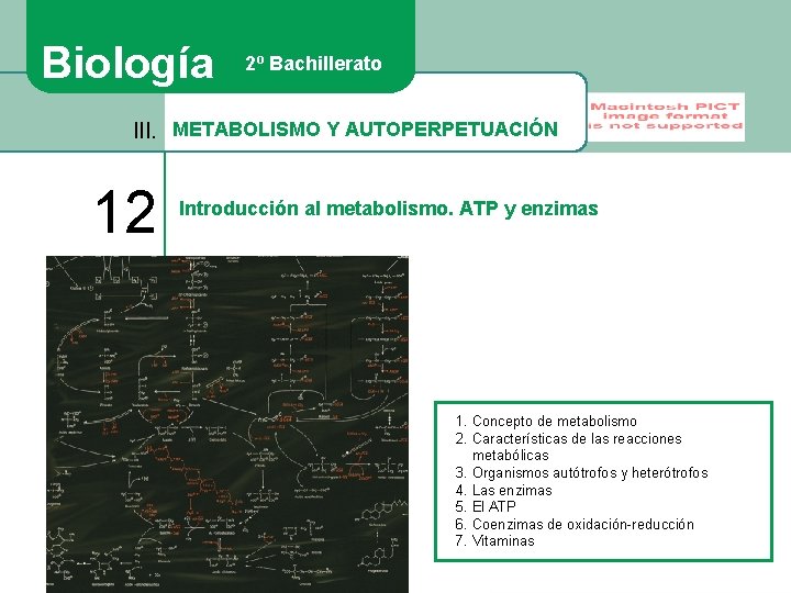 Biología 2º Bachillerato III. METABOLISMO Y AUTOPERPETUACIÓN 12 Introducción al metabolismo. ATP y enzimas