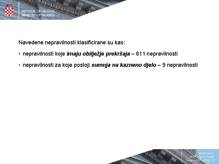 Navedene nepravilnosti klasificirane su kao: • nepravilnosti koje imaju obilježje prekršaja – 811 nepravilnosti