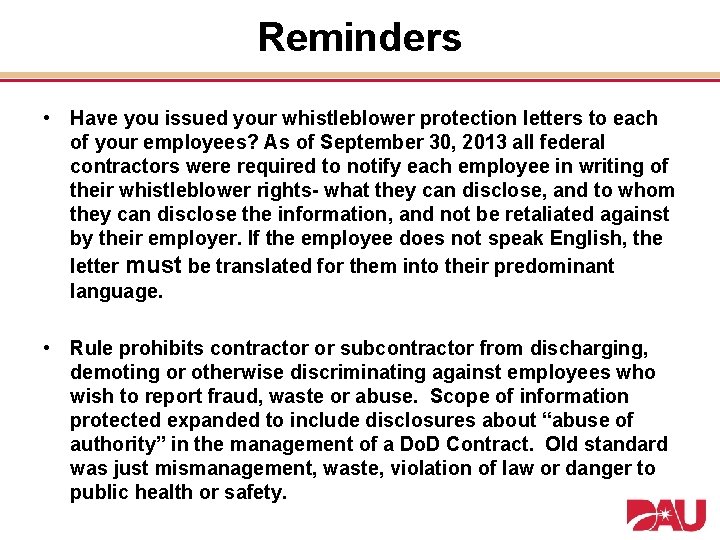 Reminders • Have you issued your whistleblower protection letters to each of your employees?