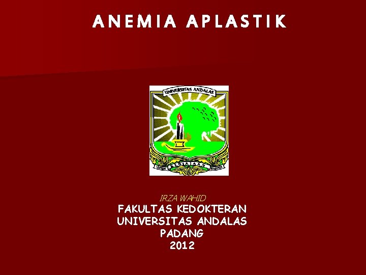 ANEMIA APLASTIK IRZA WAHID FAKULTAS KEDOKTERAN UNIVERSITAS ANDALAS PADANG 2012 