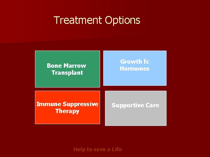 Treatment Options Bone Marrow Transplant Immune Suppressive Therapy Growth fc Hormones Supportive Care Help