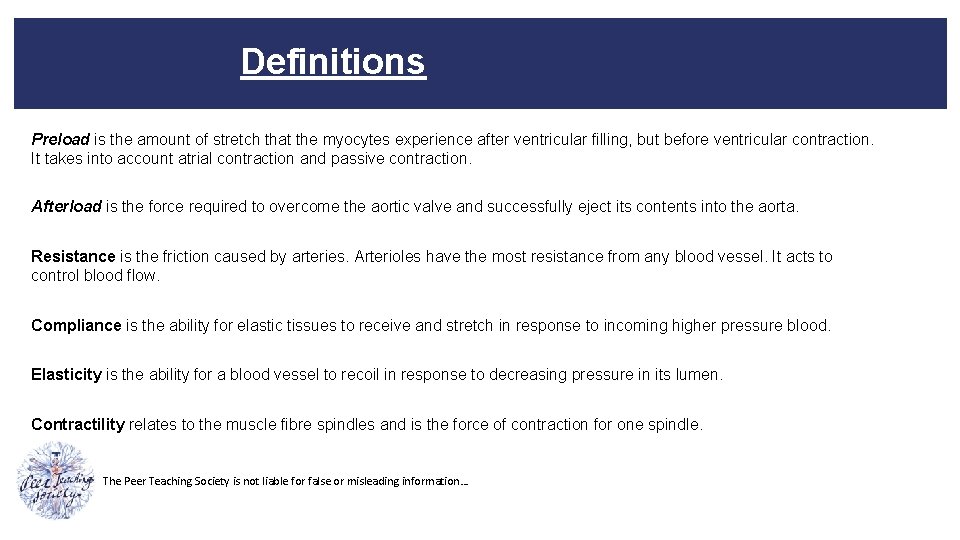 Definitions Preload is the amount of stretch that the myocytes experience after ventricular filling,
