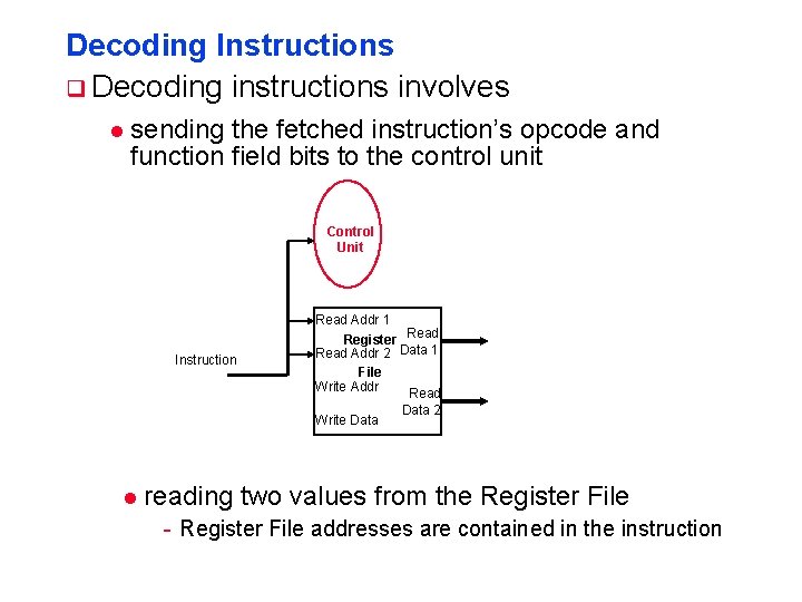 Decoding Instructions q Decoding instructions involves l sending the fetched instruction’s opcode and function
