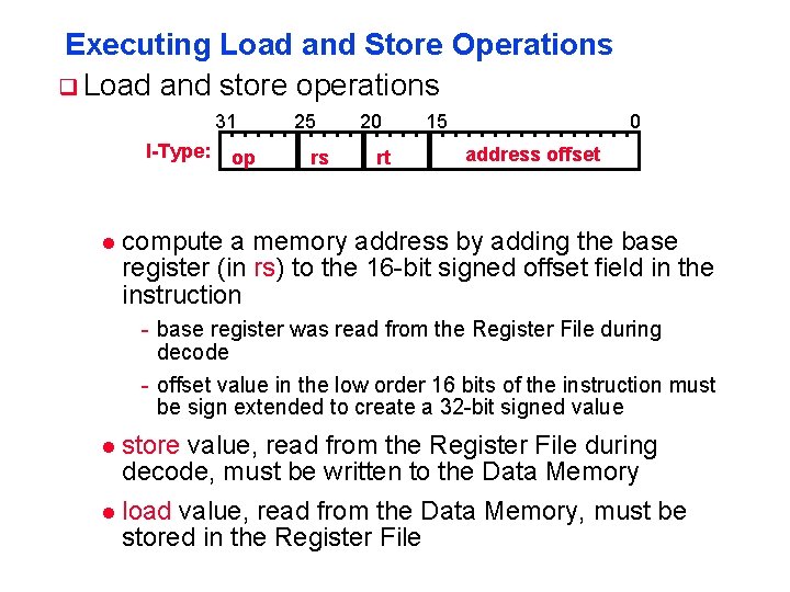 Executing Load and Store Operations q Load and store operations 31 I-Type: l op