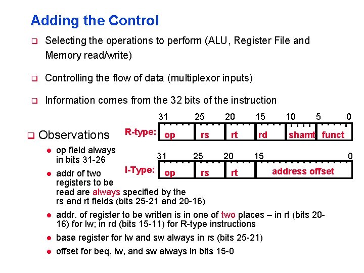 Adding the Control q Selecting the operations to perform (ALU, Register File and Memory