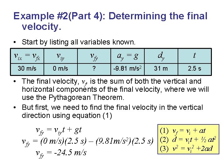 Example #2(Part 4): Determining the final velocity. • Start by listing all variables known.