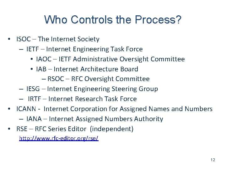 Who Controls the Process? • ISOC – The Internet Society – IETF – Internet