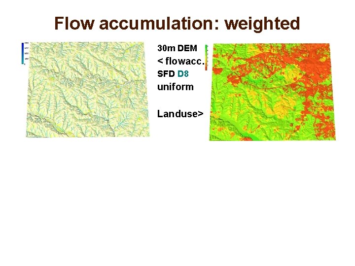 Flow accumulation: weighted 30 m DEM < flowacc. SFD D 8 uniform Landuse> 