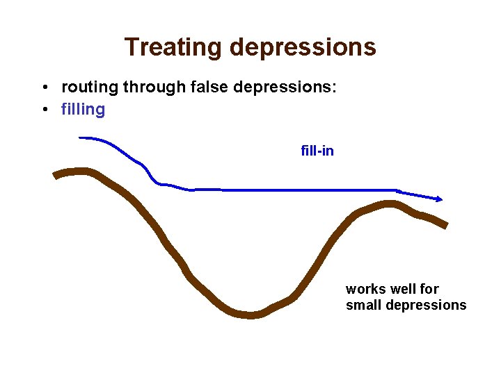 Treating depressions • routing through false depressions: • filling fill-in works well for small