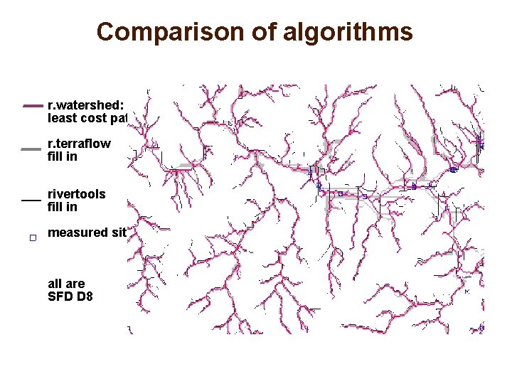 Comparison of algorithms r. watershed: least cost path r. terraflow fill in rivertools fill