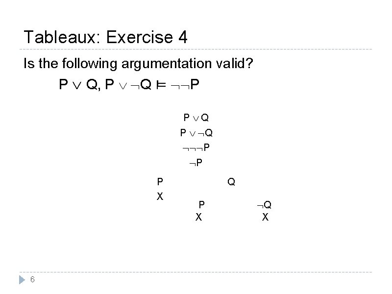 Tableaux: Exercise 4 Is the following argumentation valid? P Q, P Q ⊨ P