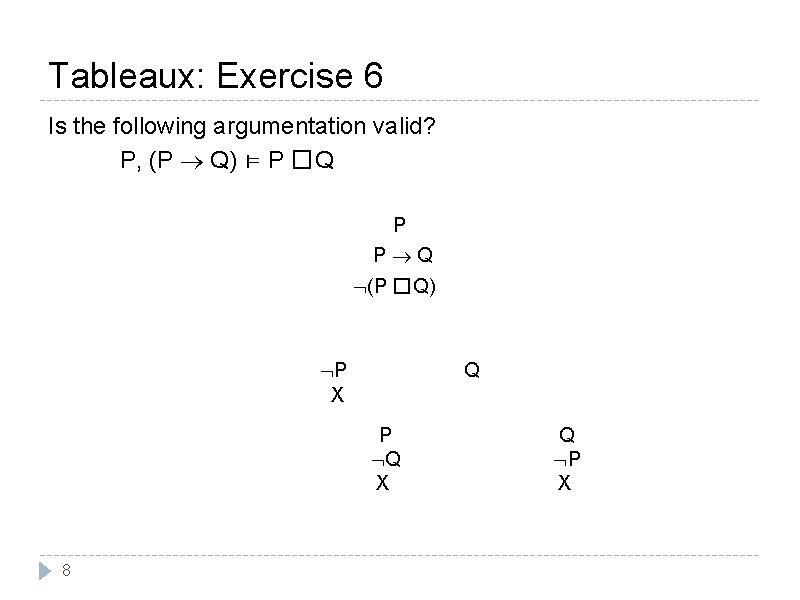 Tableaux: Exercise 6 Is the following argumentation valid? P, (P Q) ⊨ P �Q