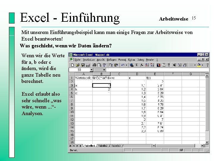 Excel - Einführung Arbeitsweise 15 Mit unserem Einführungsbeispiel kann man einige Fragen zur Arbeitsweise