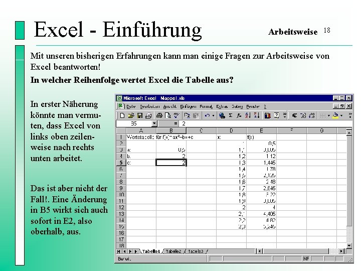 Excel - Einführung Arbeitsweise 18 Mit unseren bisherigen Erfahrungen kann man einige Fragen zur