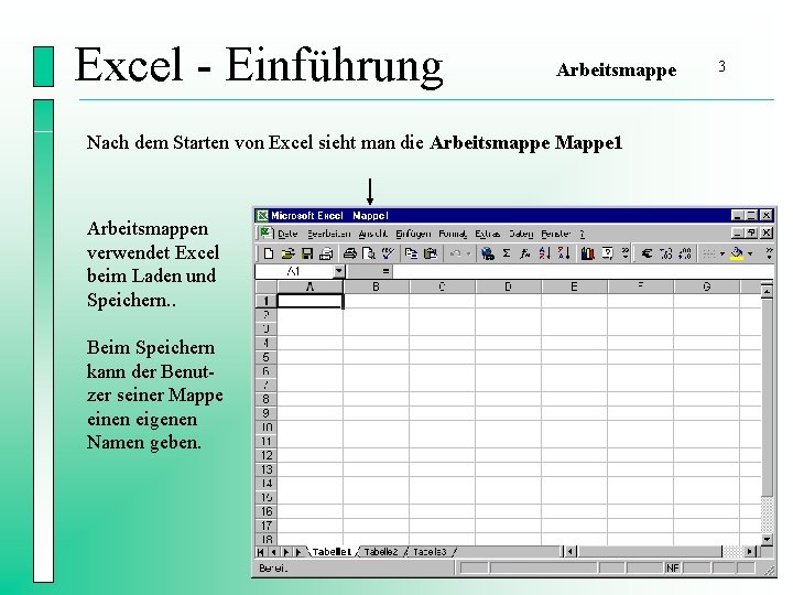 Excel - Einführung Arbeitsmappe Nach dem Starten von Excel sieht man die Arbeitsmappe Mappe