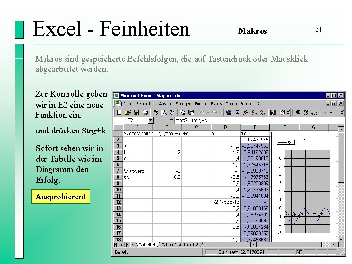 Excel - Feinheiten Makros sind gespeicherte Befehlsfolgen, die auf Tastendruck oder Mausklick abgearbeitet werden.