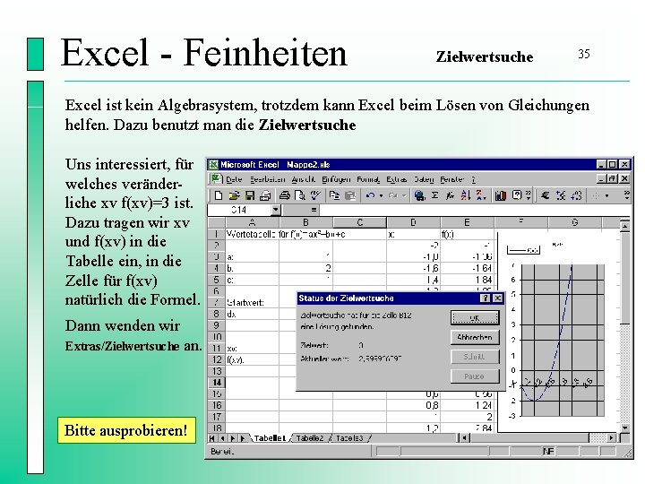 Excel - Feinheiten Zielwertsuche 35 Excel ist kein Algebrasystem, trotzdem kann Excel beim Lösen