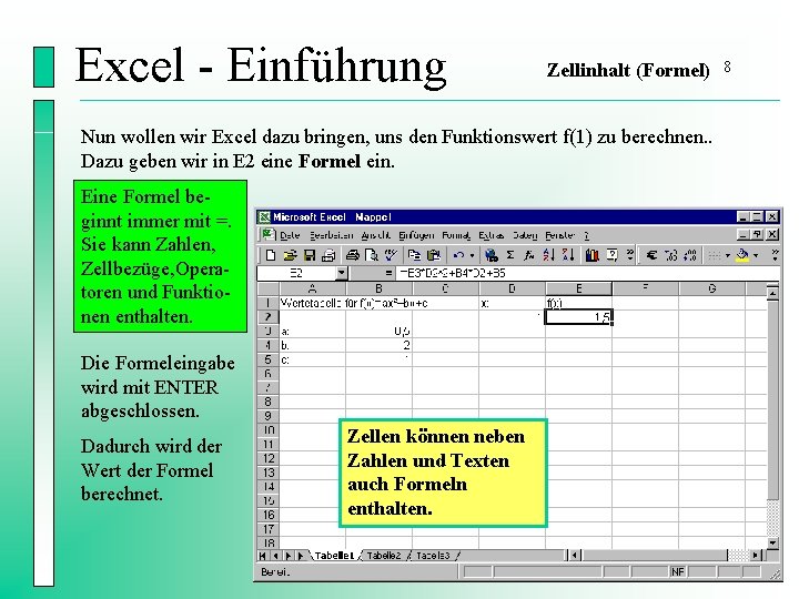 Excel - Einführung Zellinhalt (Formel) Nun wollen wir Excel dazu bringen, uns den Funktionswert
