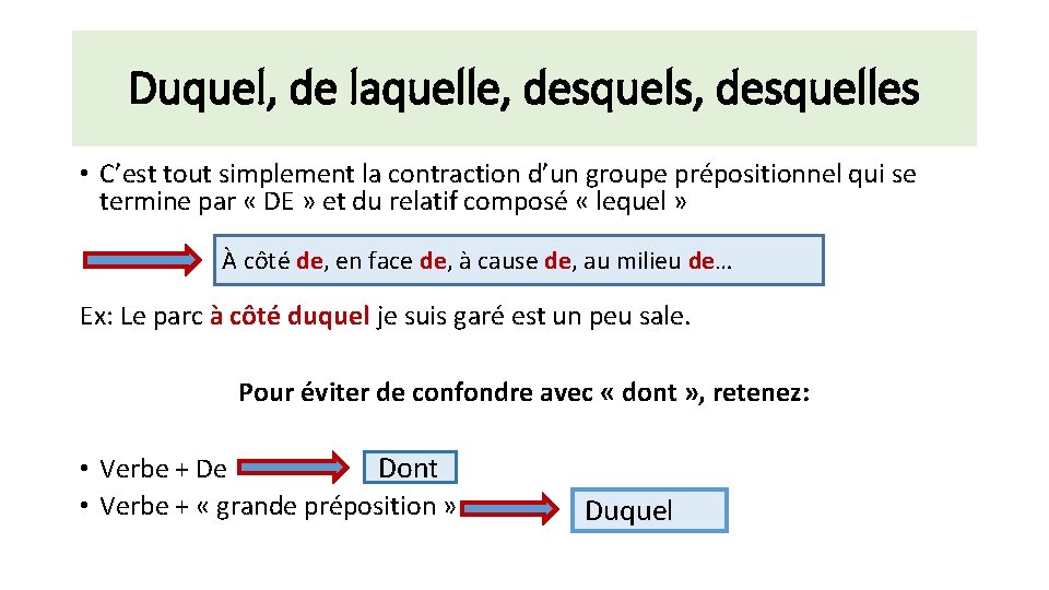 Duquel, de laquelle, desquels, desquelles • C’est tout simplement la contraction d’un groupe prépositionnel