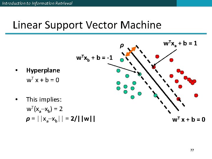 Introduction to Information Retrieval Linear Support Vector Machine ρ w Tx a + b